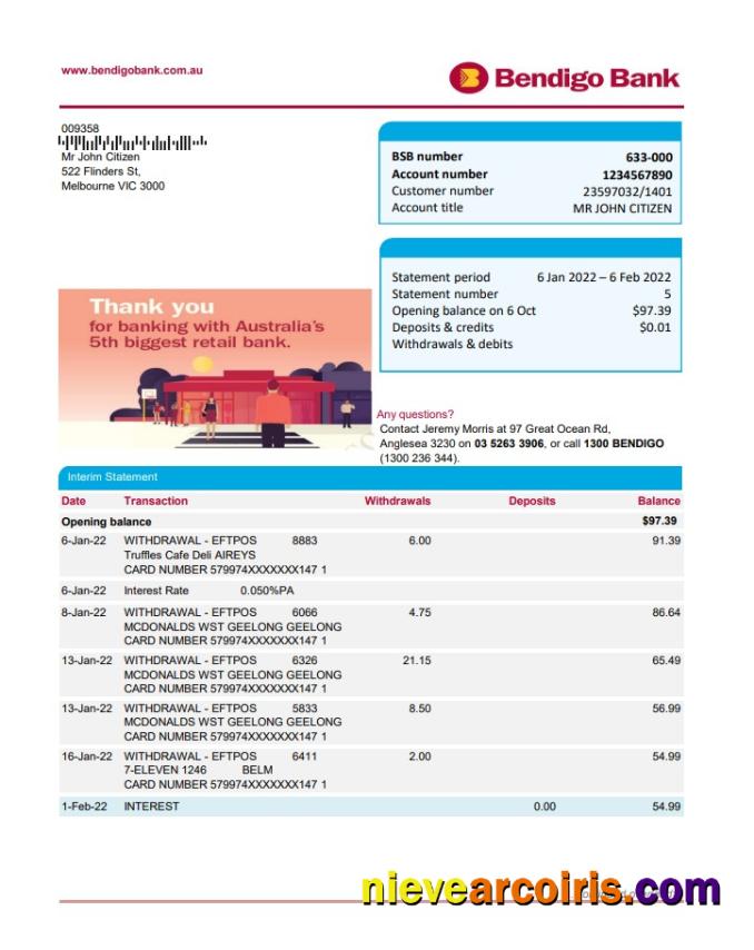 Australia Bendigo bank statement easy to fill in Excel and PDF format, 2 pages